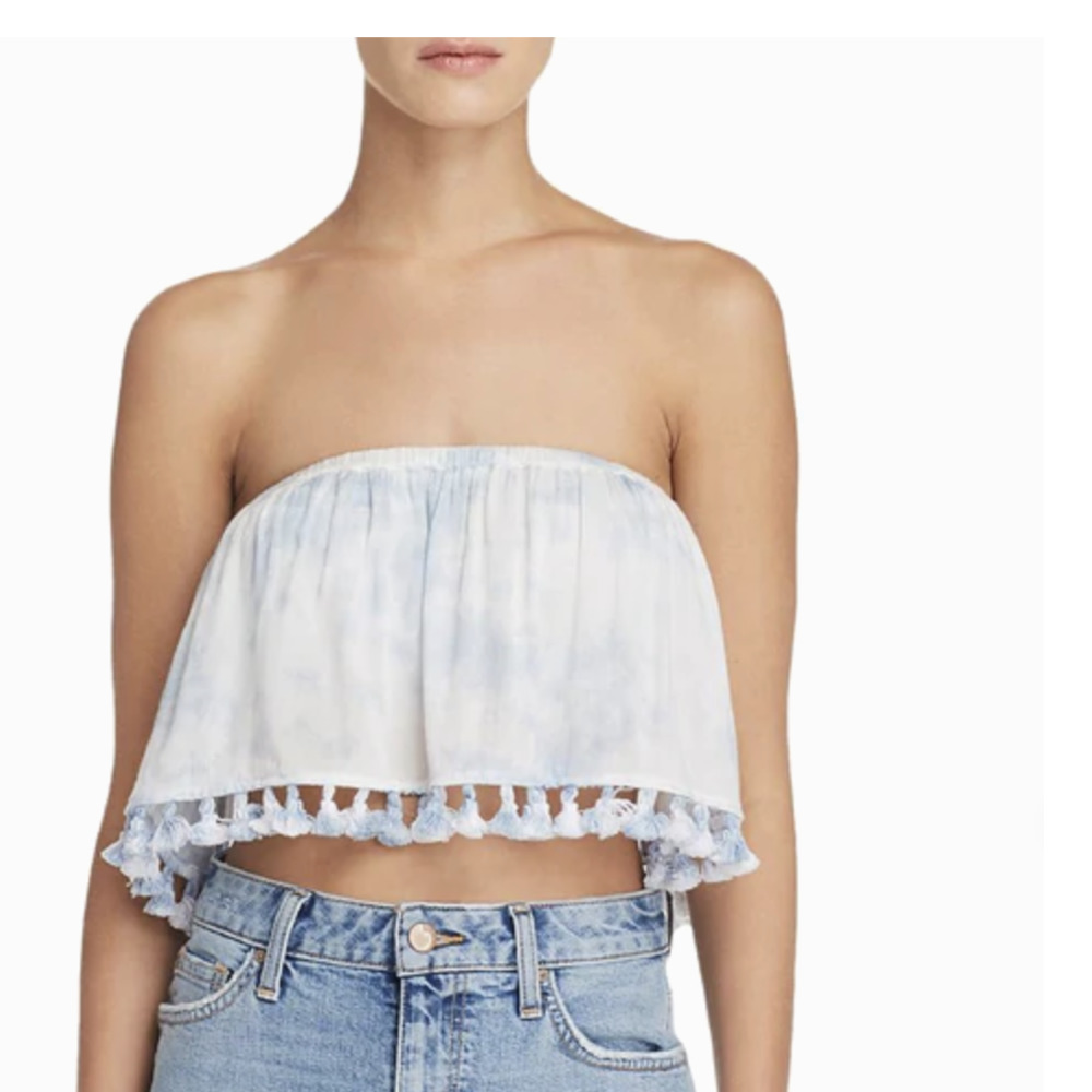 Aqua Tie Dye Pom Pom Tassle Strapless Blue White Marble Sky Crop Top Size Sm NWT